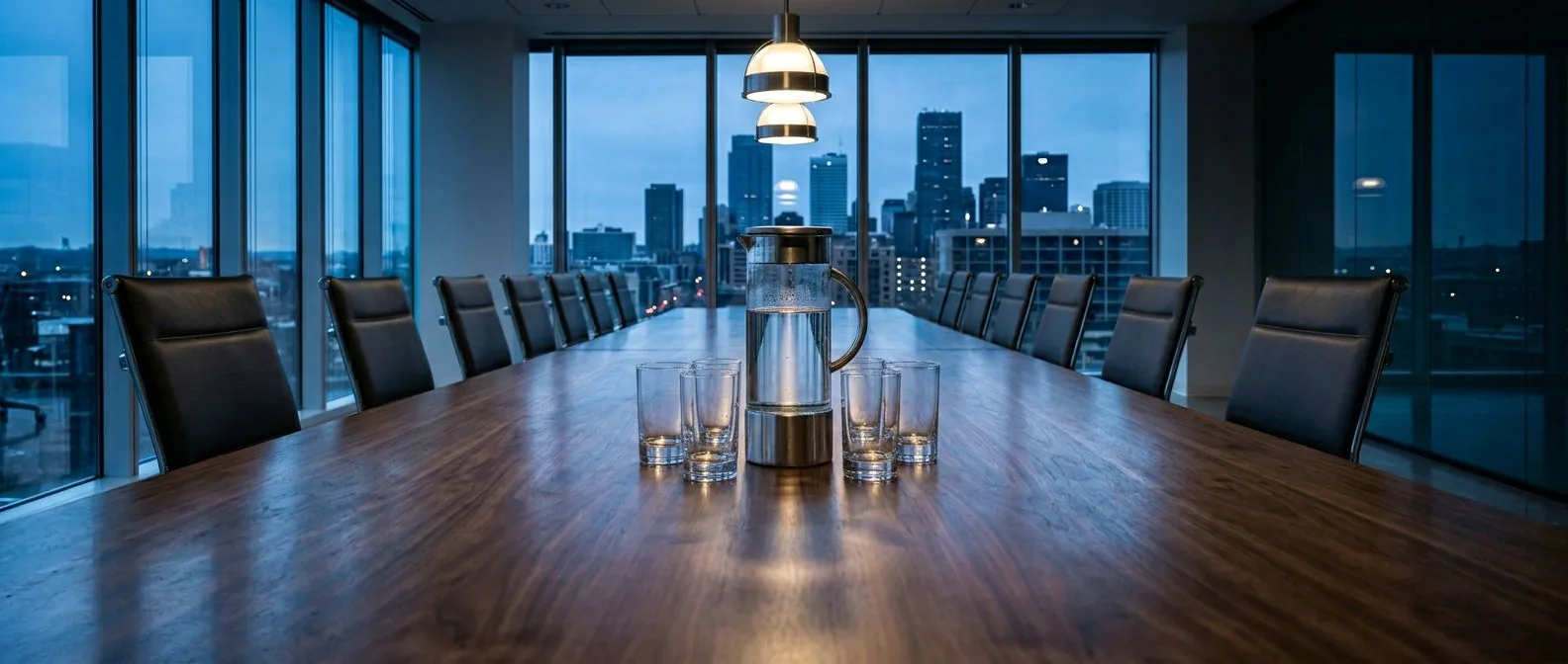A spotless modern conference room cleaned by Polaris at dawn