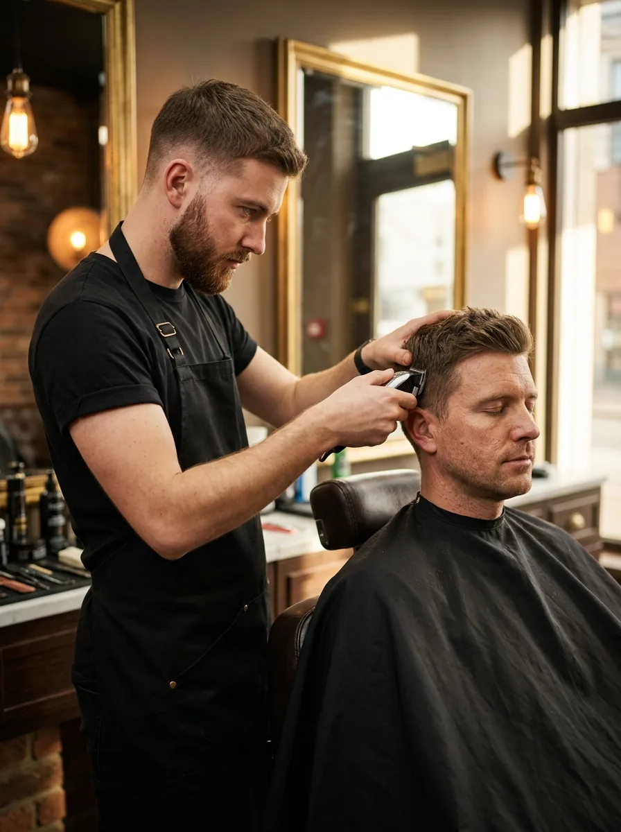 Barber giving a client a fresh haircut